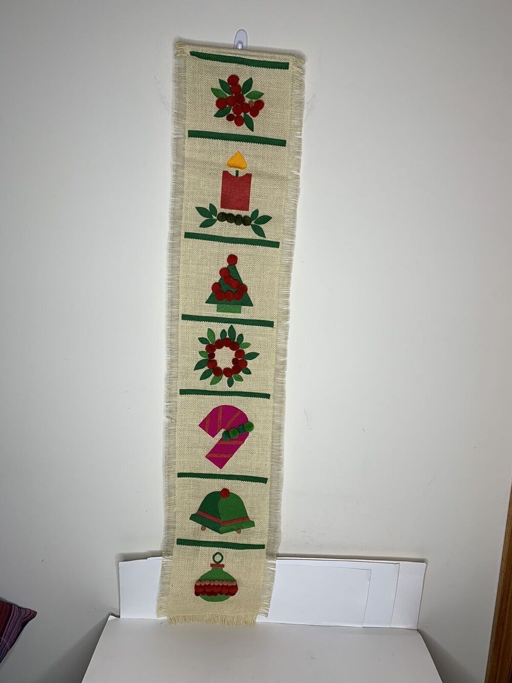 Christmas Burlap Wall Hanging Candle Tree Candy Cane Wreath Bells Vintage
